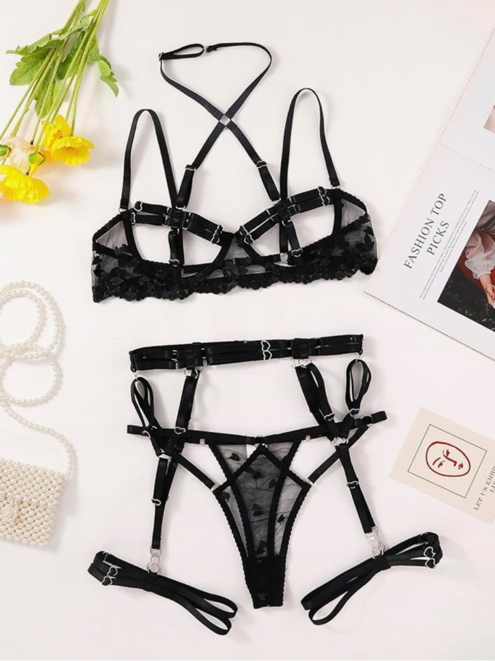 Black Strappy Lace Harness Lingerie Set - Women Intimates